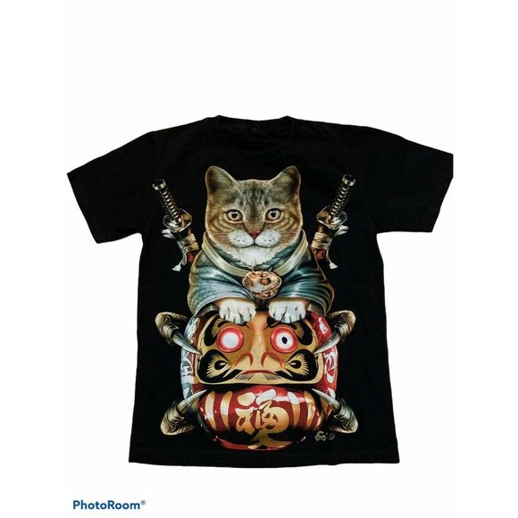 Caballo Cat Print T-Shirt Samurai Small Black - Picture 3 of 5
